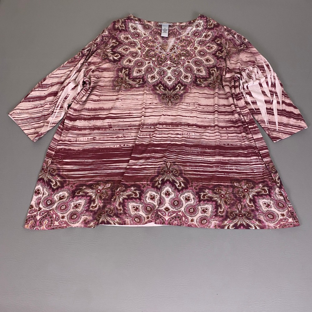 Catherines Tunic Top Women's Plus 2X Pink Paisley Embellished V-Neck 3/4 Sleeve